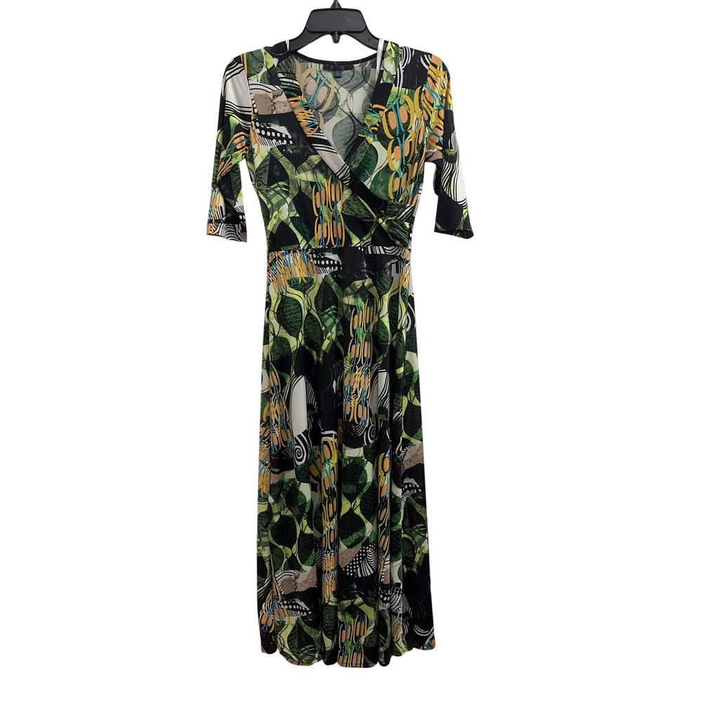 Maxi Dress Abstract Geometric Boho Snap Women Size S Green Faux Wrap 3/4‎ Sleeve